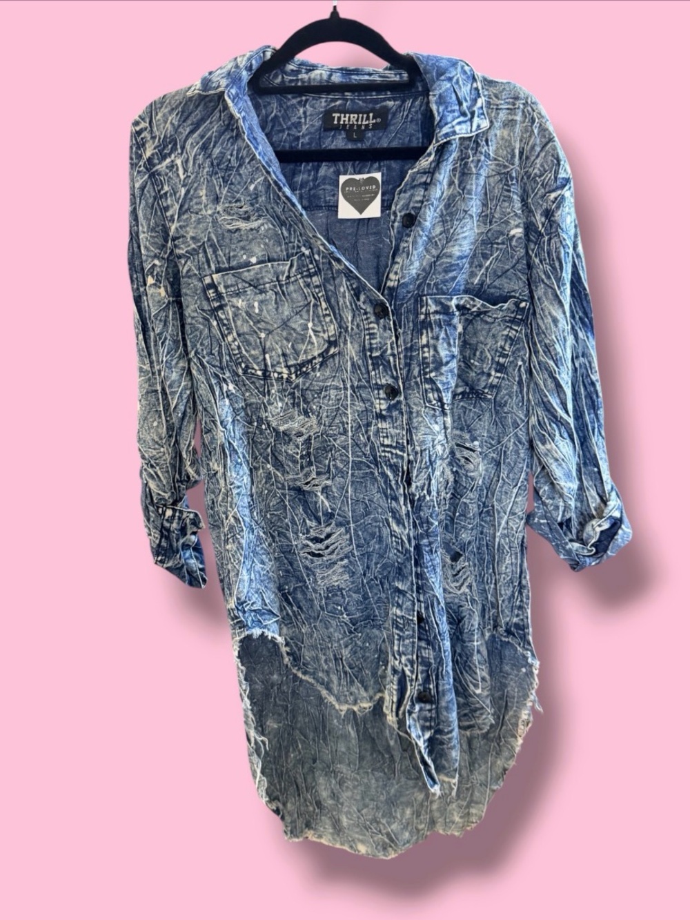 Thrill Crinkled Acid-Wash Denim Shirt Dress in Blue